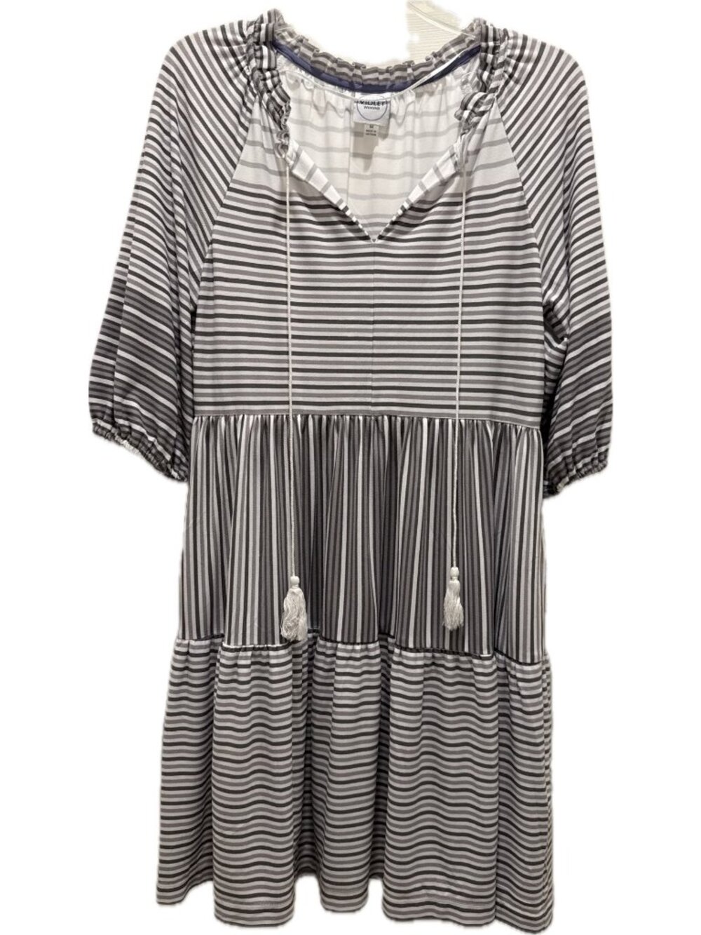Violet Weekend gray ivory stripe dress NWT Womens M tassels 3/4 length sleeve V